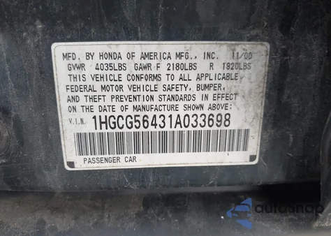 2001 Honda Accord 2.3 Lx z USA, uszkodzony, nr VIN 1HGCG56431A033698